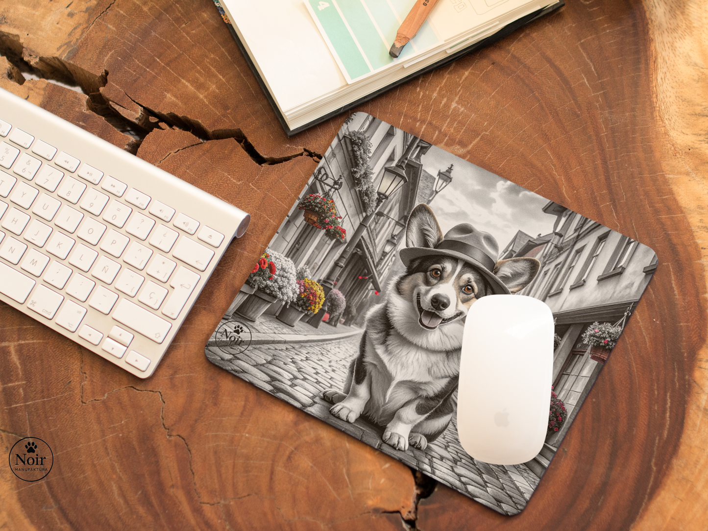 Corgi prémium minőségű, kutyás egérpad – a Noir Manufaktúra egyedi illusztrációival.