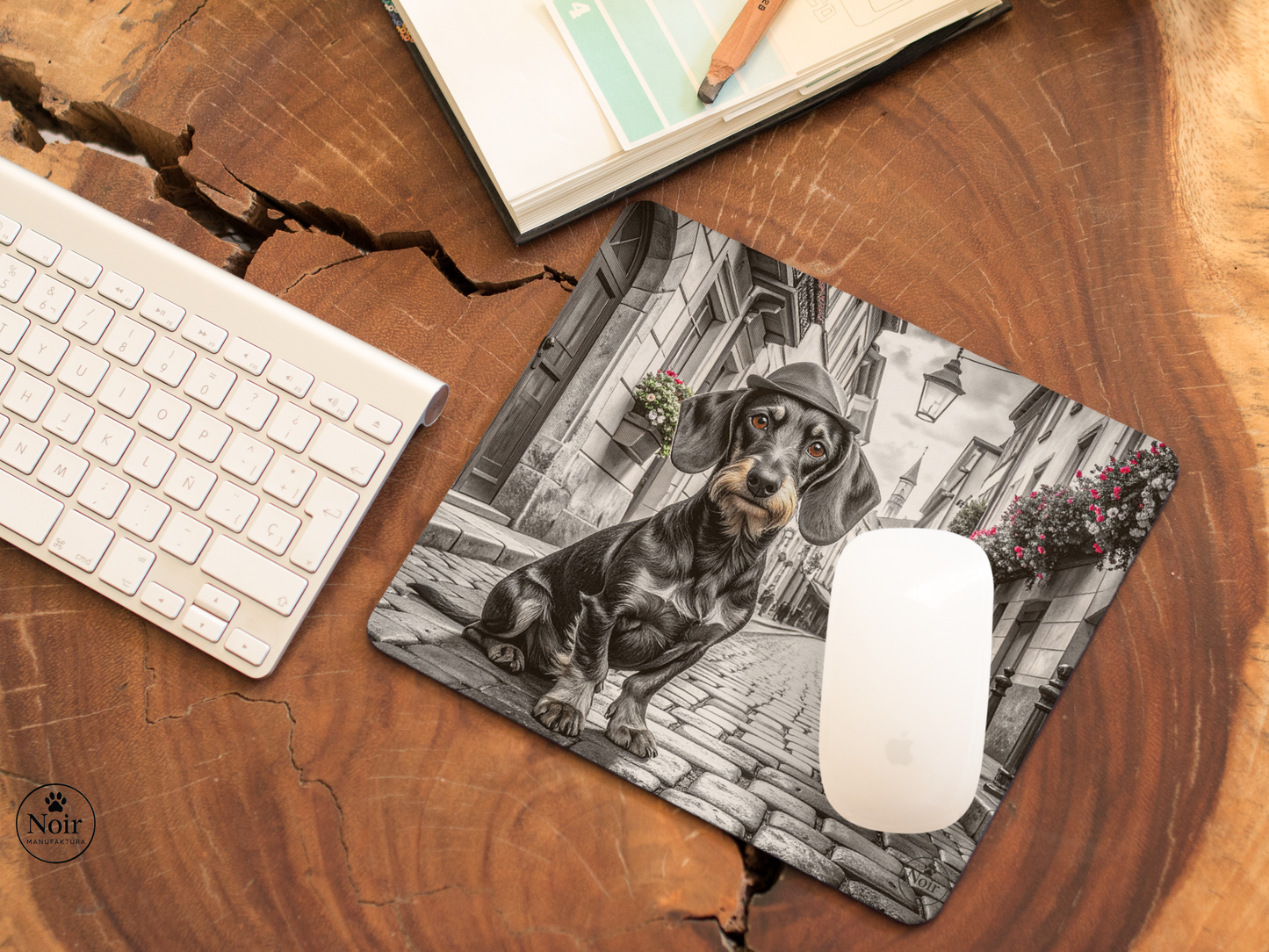 Tacskó prémium minőségű, kutyás egérpad – a Noir Manufaktúra egyedi illusztrációival.