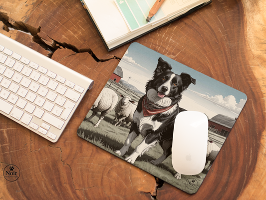 Border Collie prémium minőségű, kutyás egérpad – a Noir Manufaktúra egyedi illusztrációival.