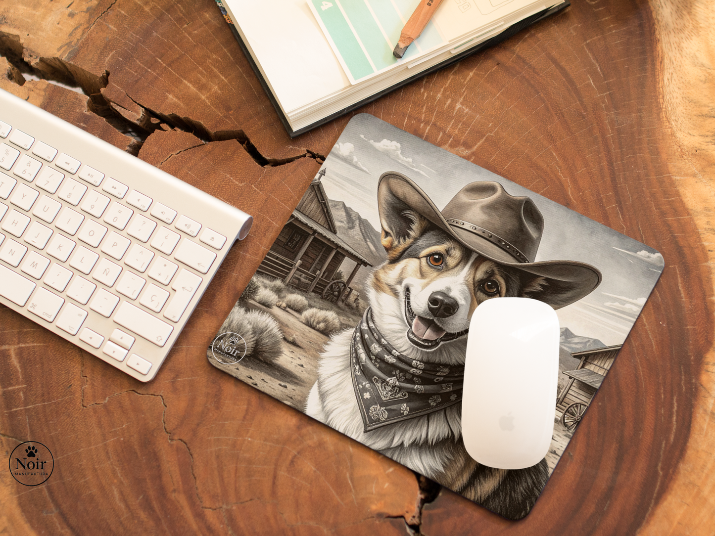 Corgi prémium minőségű, kutyás egérpad – a Noir Manufaktúra egyedi illusztrációival.