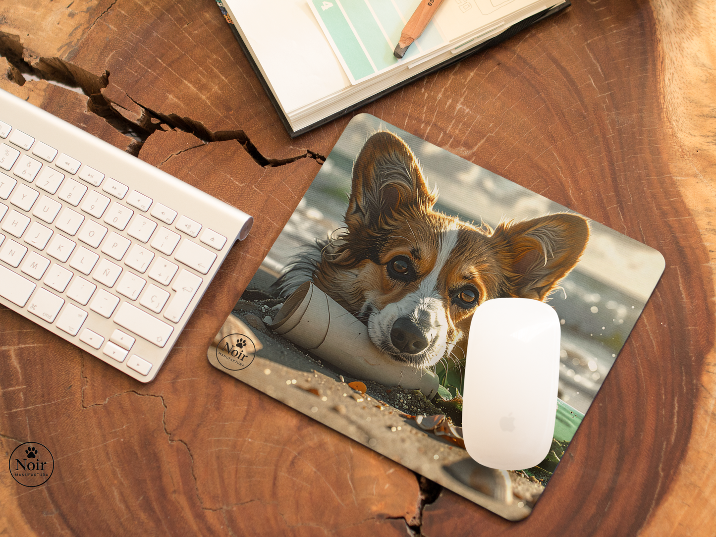 Corgi prémium minőségű, kutyás egérpad – a Noir Manufaktúra egyedi illusztrációival.