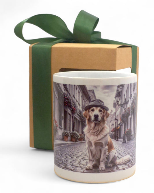 Golden retriever "a városban" prémium bögre díszdobozban – 330 ml