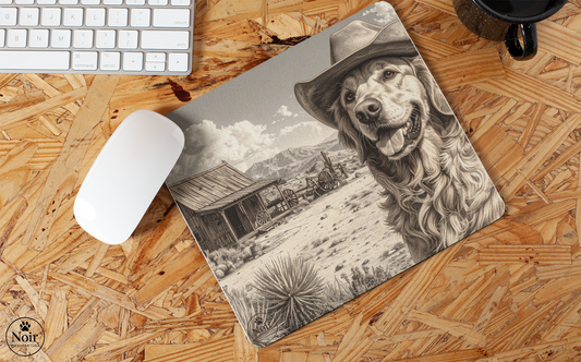 Golden retriever prémium minőségű, kutyás egérpad – a Noir Manufaktúra egyedi illusztrációival.