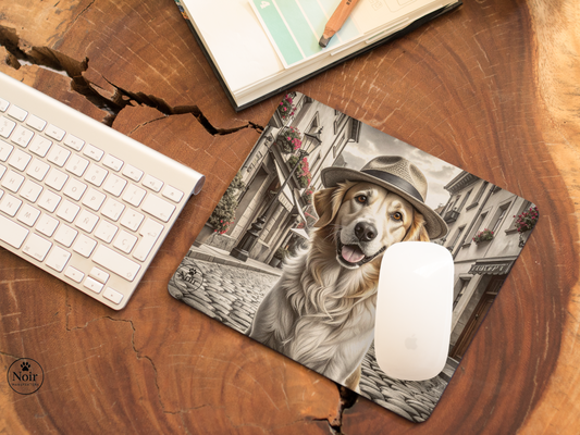 Golden retriever prémium minőségű, kutyás egérpad – a Noir Manufaktúra egyedi illusztrációival.