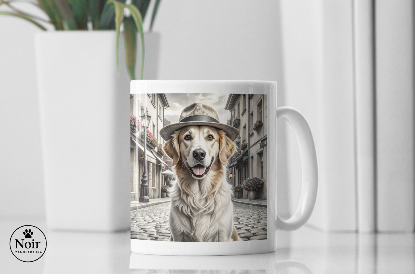 Golden retriever "a városban" prémium bögre – 330 ml