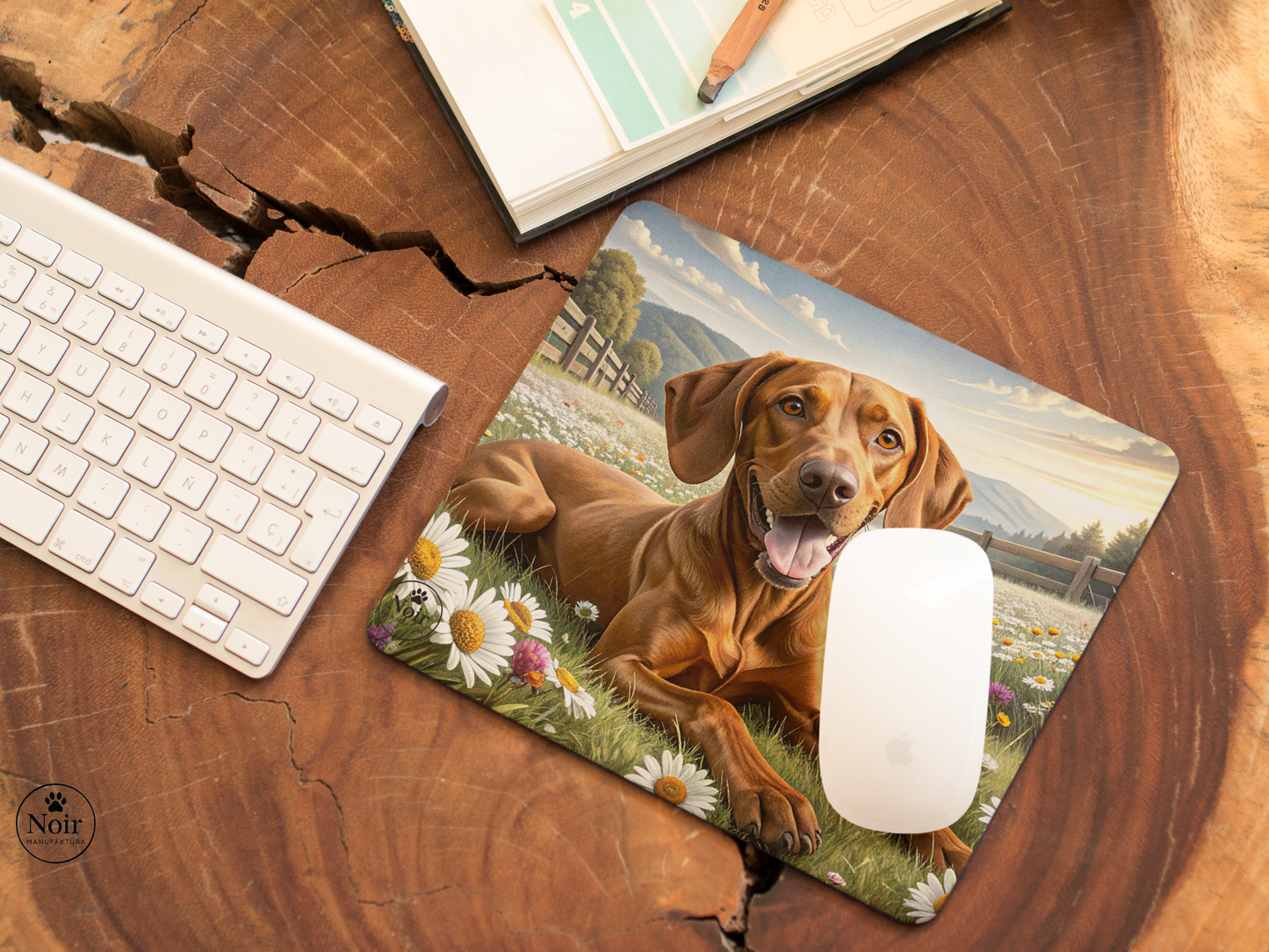 Vizsla prémium minőségű, kutyás egérpad – a Noir Manufaktúra egyedi illusztrációival.