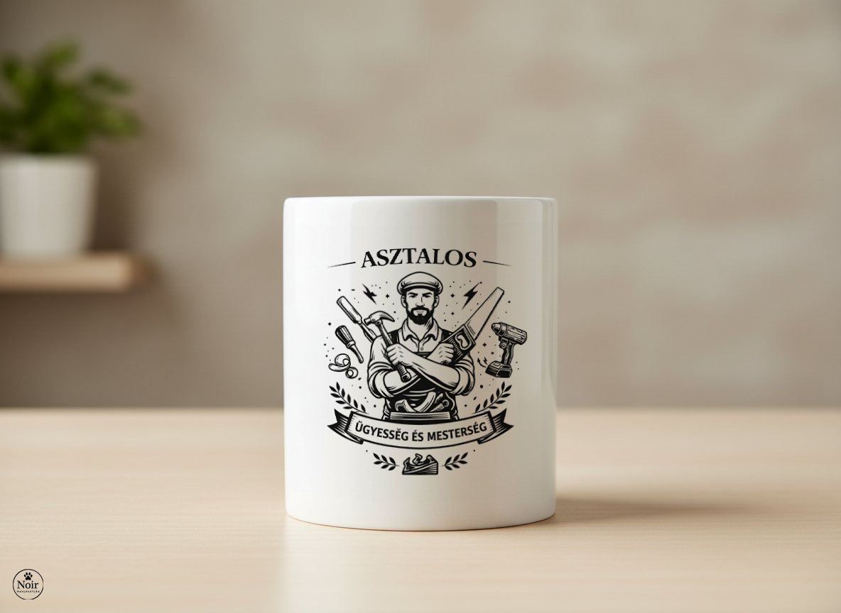 Asztalos prémium illusztrált bögre – fekete-fehér dizájn | 330 ml