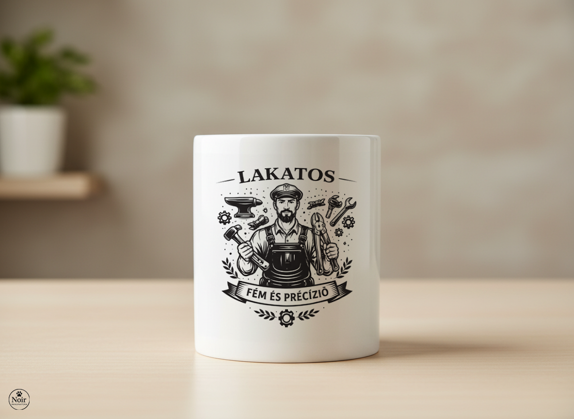 Lakatos prémium illusztrált bögre – fekete-fehér dizájn | 330 ml