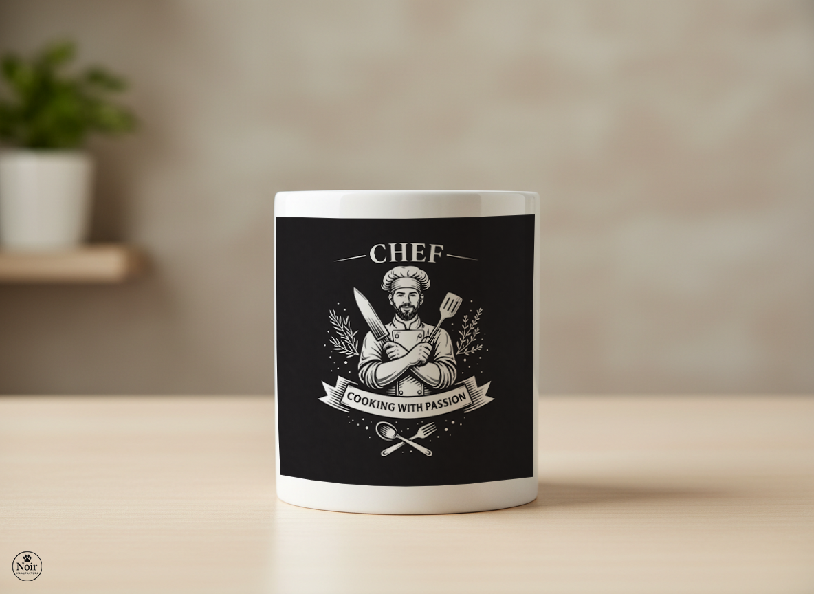 Séf prémium illusztrált bögre – fekete-fehér dizájn | 330 ml