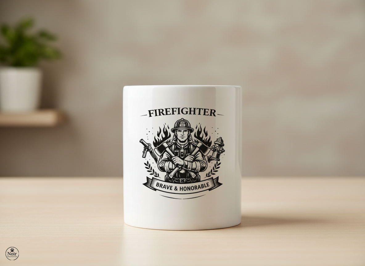 Tűzoltó prémium illusztrált bögre – fekete-fehér dizájn | 330 ml